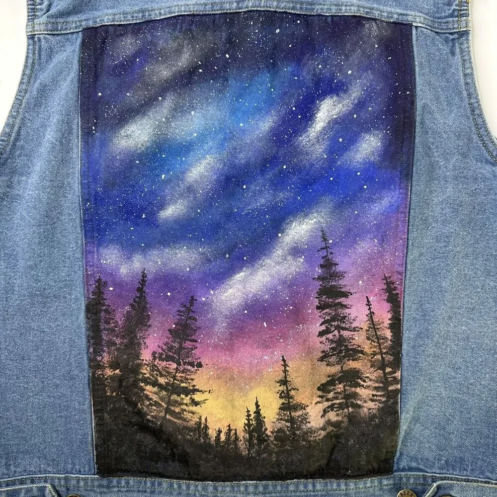 Vintage Hand Painted Denim Vest Womens Size M Forest‎ Stars Generra Art To Wear